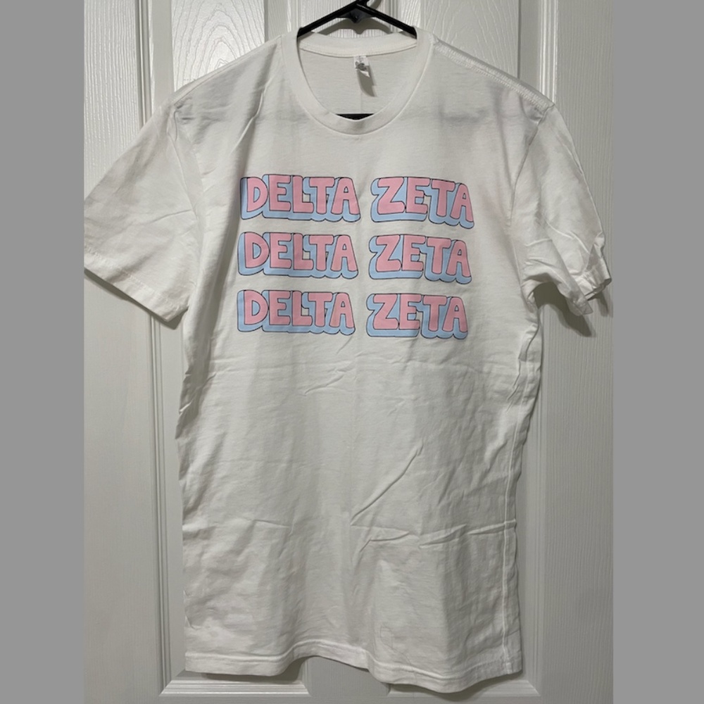 Delta Zeta Next Level Apparel T-Shirt (White, Pink, & Blue, Size Medium)